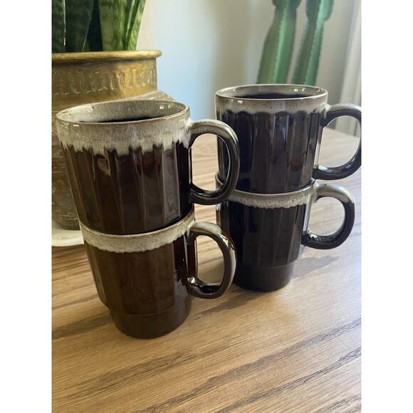 Vintage Midcentury Brown Drip Glaze Stackable Clay Coffee Mugs Set of 4 - Picture 1 of 7